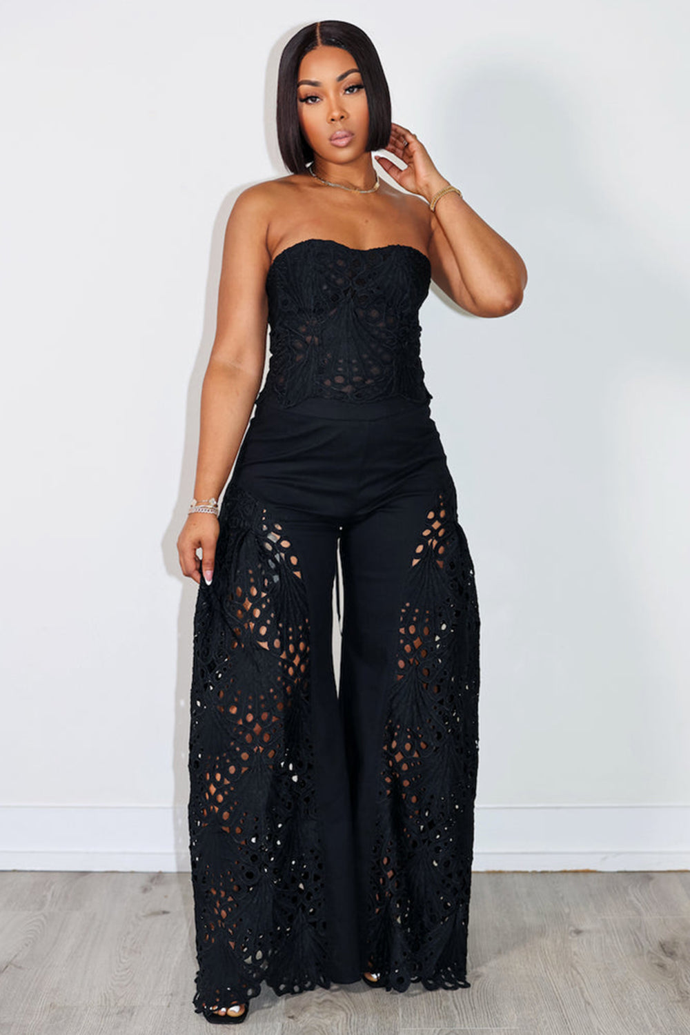 Corset Tube Top Cutwork Patchwork Pants Vacation 2pcs Set-White