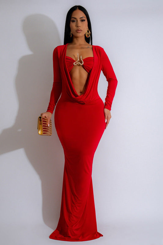 Alloy Decor Bra Cowl Neckline Fishtail Gowns Maxi Dresses 2pcs Set-Red