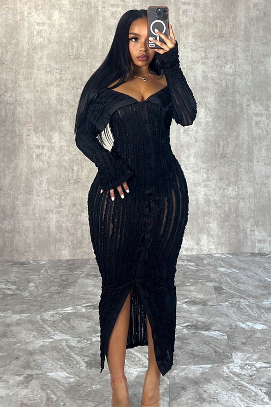 Mesh Jacquard Off Shoulder Long Sleeve Slit Bodycon Midi Dresses-Black