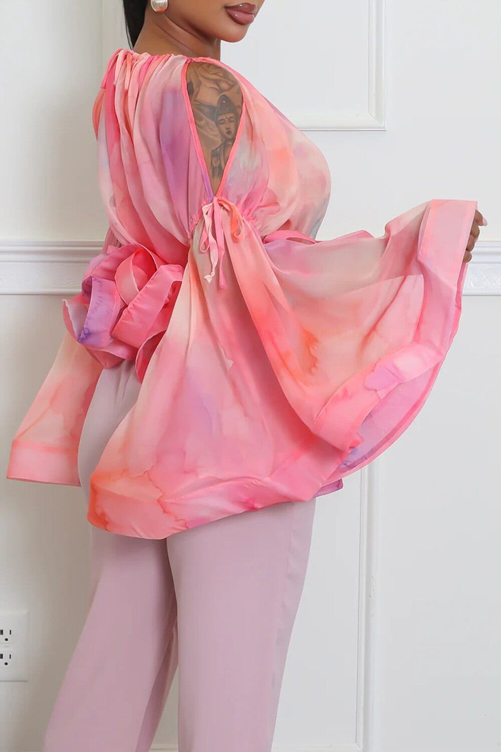 Cold Shoulder Round Neck Bell Sleeve Cinch Waist Ruffled Top-Pink