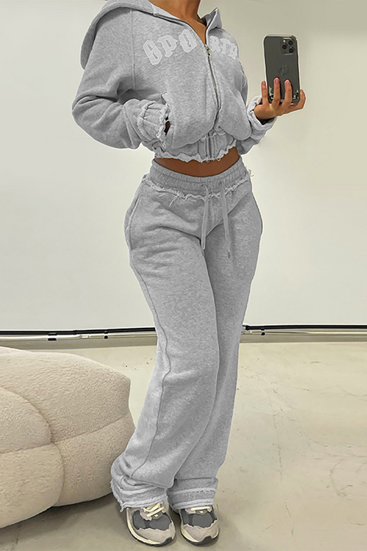Letter Print Raw Edge Zipper Crop Hoodie Sweatpants Casual 2pcs Set-Grey