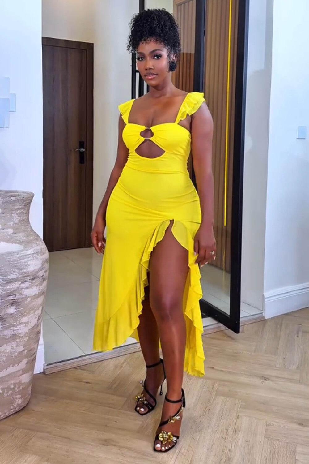 Flutter Sleeve Cutout Ruffle Slit Vacation Midi Dresses-Yellow [Pre Order]
