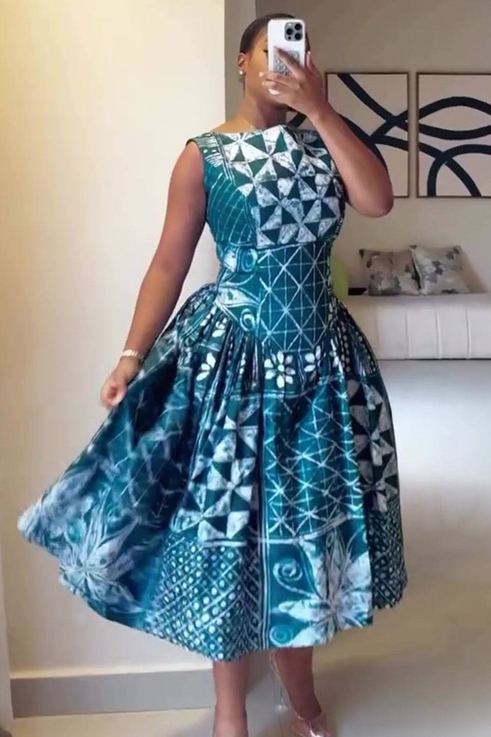 Boat Neck Sleeveless Boho Print Basque Waist Midi Dresses-Teal [Pre Order]