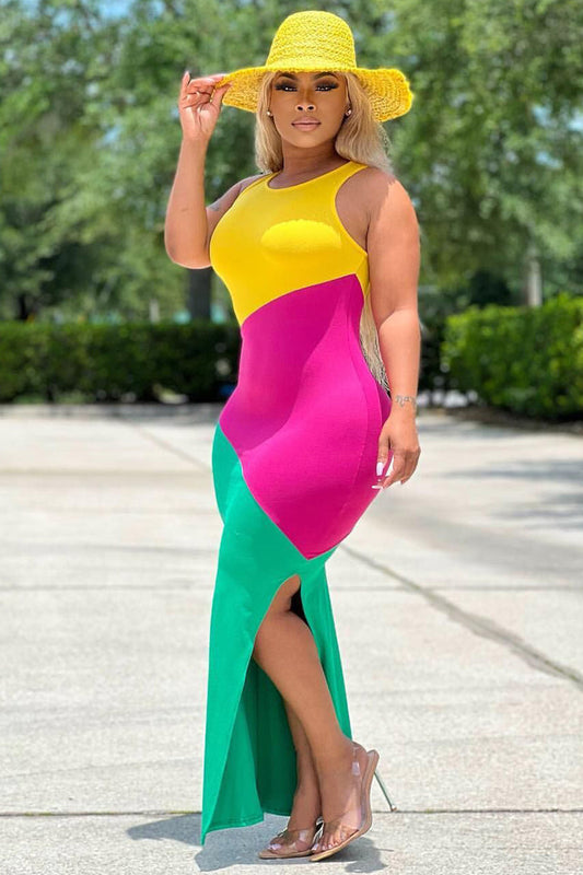 Colorblock Round Neck Sleeveless Slit Bodycon Vacation Maxi Dress