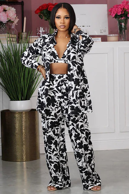 Floral Print Bra Long Sleeve Blouse Cardigan Straight Leg Pants Vacation Three-Piece Set
