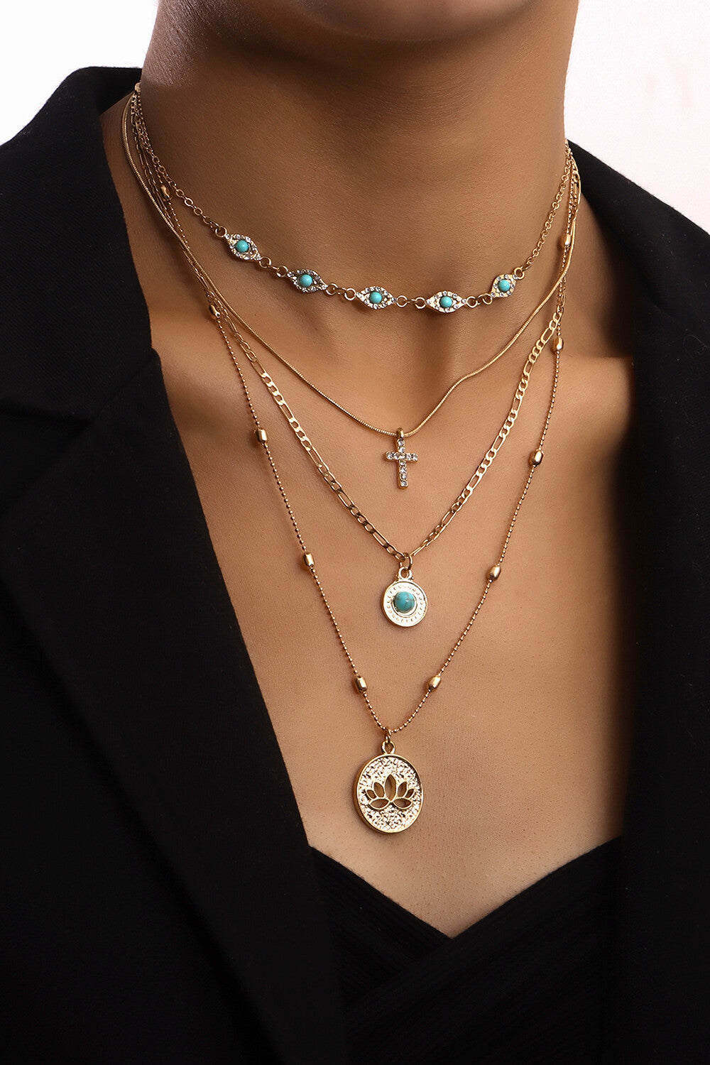 Cutout Flower Cross Mixed Pendants Fashionable Four-Layered Necklace
