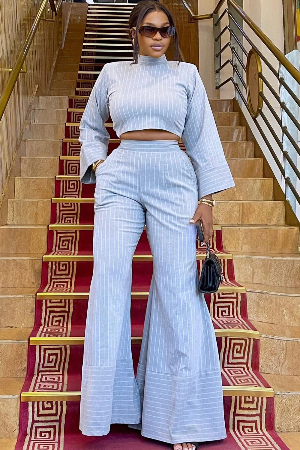 Pinstripe Mock Neck Long Sleeve Top Flare Leg Pants 2pcs Set-Blue [Pre Order]
