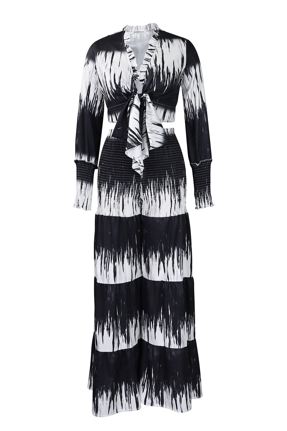 Tie Dye Print Long Sleeve Tie Up Blouse Wide Leg Pants 2pcs Set-Fuchsia