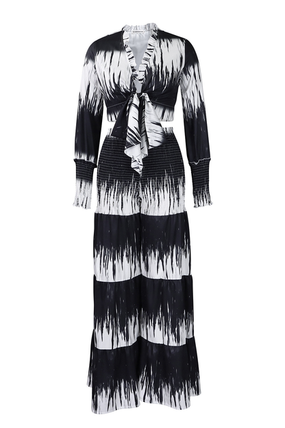 Tie Dye Print Long Sleeve Tie Up Blouse Wide Leg Pants 2pcs Set-Fuchsia