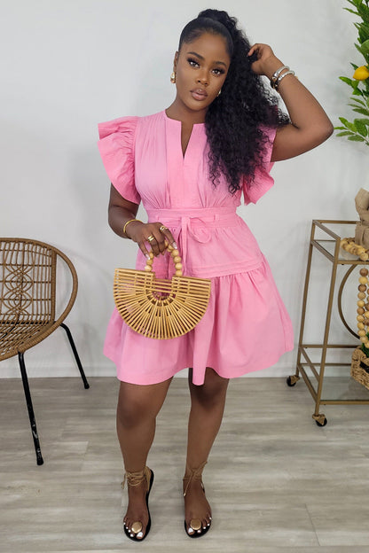Ruffle Sleeveless Notched Neck Quilted A-Line Mini Dresses-Pink