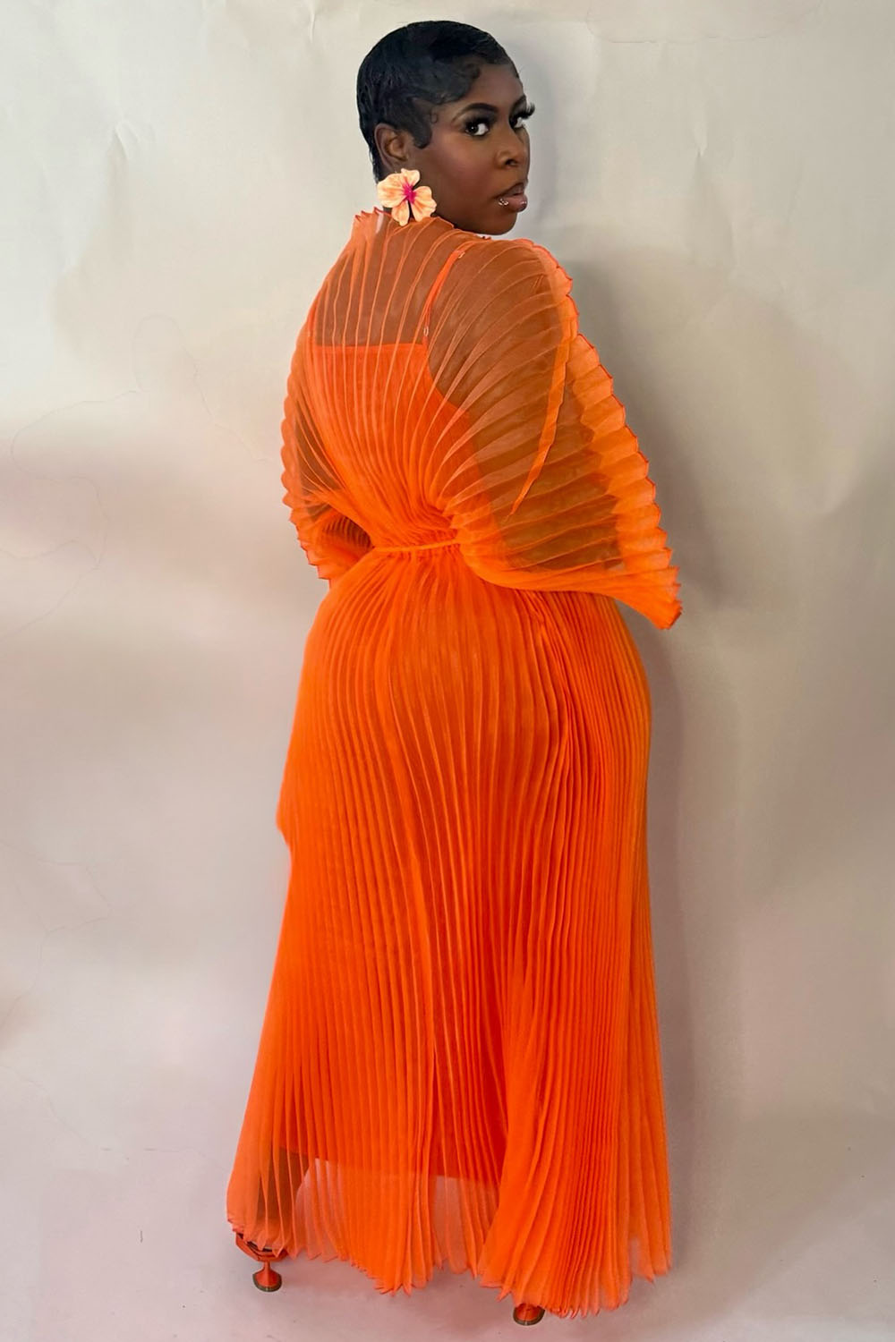 Pleated Mesh Layered Bat-Wing Sleeve Cami Maxi Dresses-Orange [Pre Order]