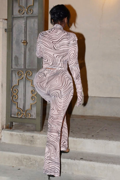 Mock Neck Long Sleeve Swirl Print Party Jumpsuit-LightPink [Pre Order]