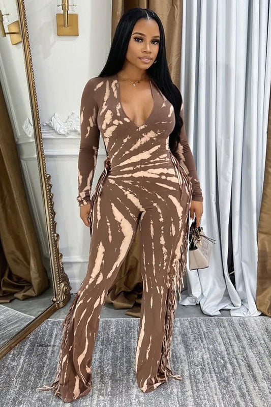 Tie Dye Print Long Sleeve Fringe Side Bodycon Jumpsuit-Brown [Pre Order]