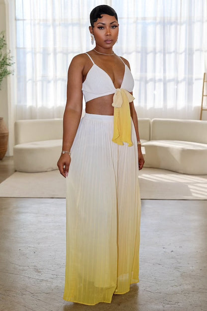 V Neck Sash Cami Top Ombre Wide Leg Pants Vacay 2pcs Set-Blue [Pre Order]