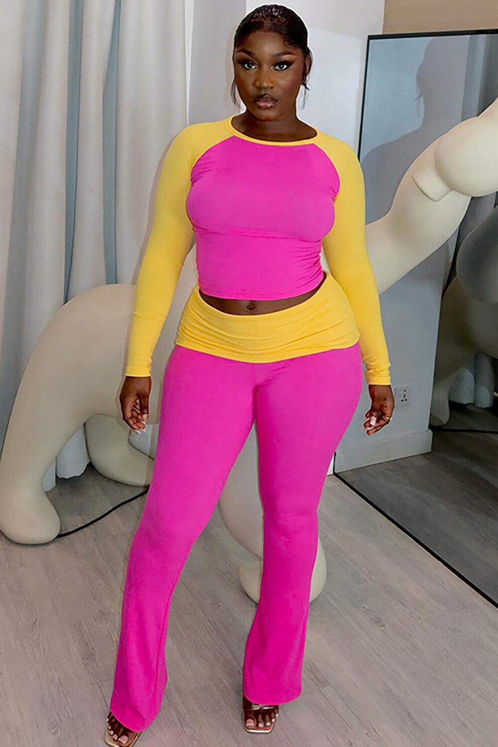 Colorblock Long Sleeve Round Neck Top Flared Pants Casual 2pcs Set-Fuchsia