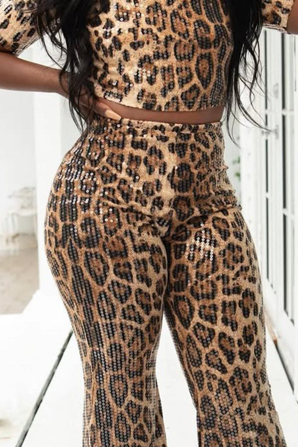 Leopard Sequin Short Sleeve Top Flare Pants Party 2pcs Set-Brown [Pre Order]
