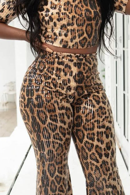 Leopard Sequin Short Sleeve Top Flare Pants Party 2pcs Set-Brown [Pre Order]