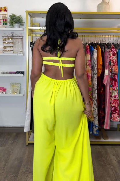 Halter Ruched Ruffle Cut Out Oversized Wide Leg Jumpsuit-Yellow [Pre Order]
