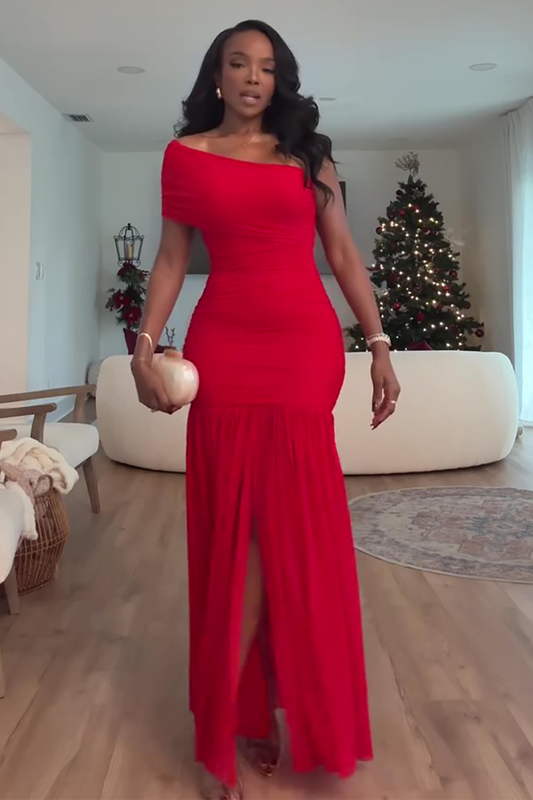 Short Sleeve Skew Neck Slit Hem Christmas Party Maxi Dresses-Red [Pre Order]