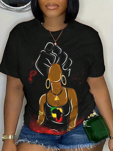 Women's Black Woman Art Print Casual T-Shirt