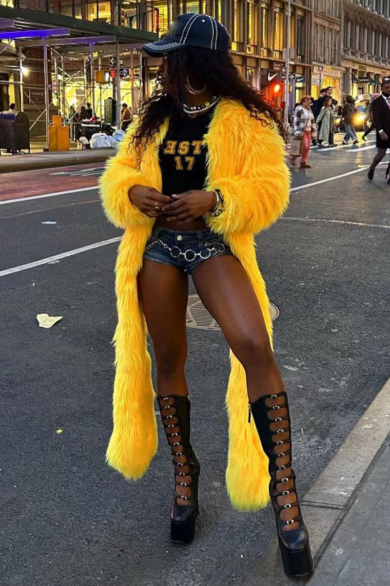 Faux Fur Solid Color Plush Coat-Yellow