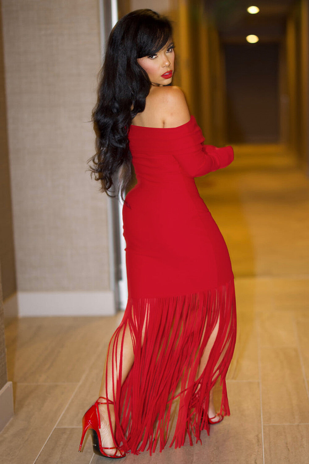 Off Shoulder Long Sleeve Bodycon Fringed Hem Knit Maxi Dresses-Red