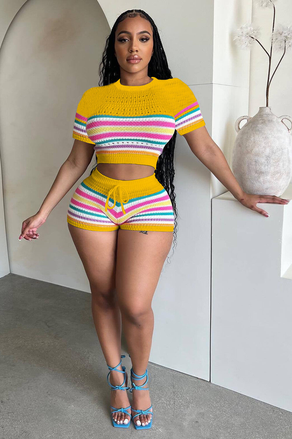 Multicolor Striped Knit Short Sleeve Crop Top Slim Fit Shorts 2pcs Set-White