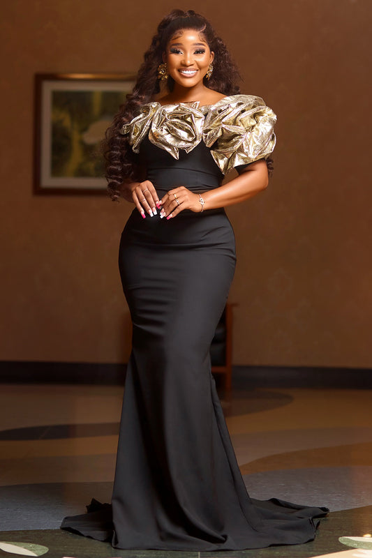 Metallic Rosette Decor Formal Party Maxi Mermaid Dresses-Black [Pre Order]