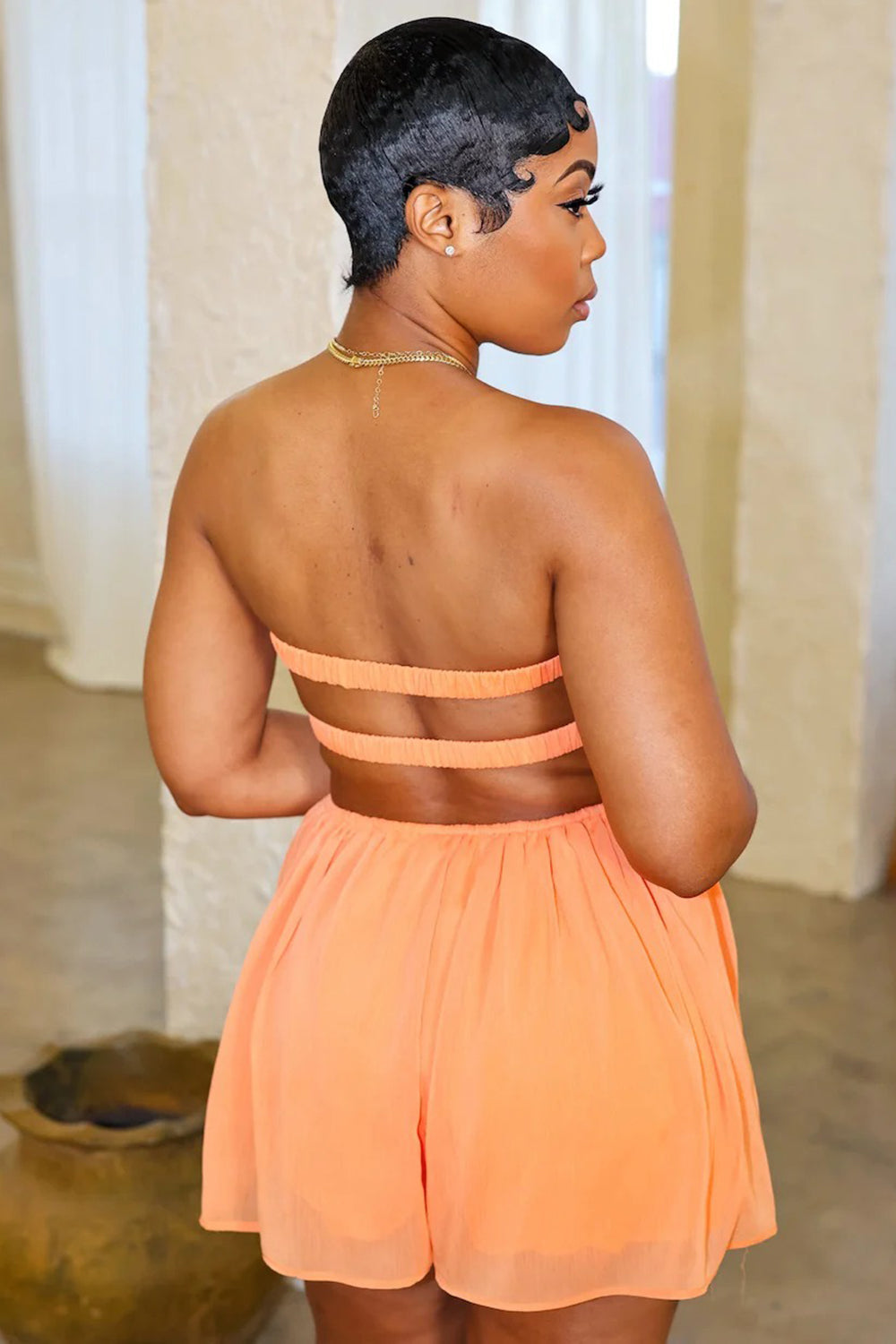 Strapless Waist Cutout Vacation Flowy Romper Playsuit-Orange [Pre Order]