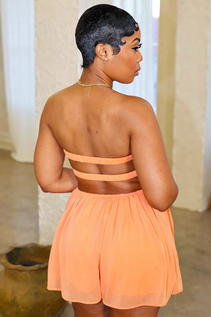 Strapless Waist Cutout Vacation Flowy Romper Playsuit-Orange [Pre Order]