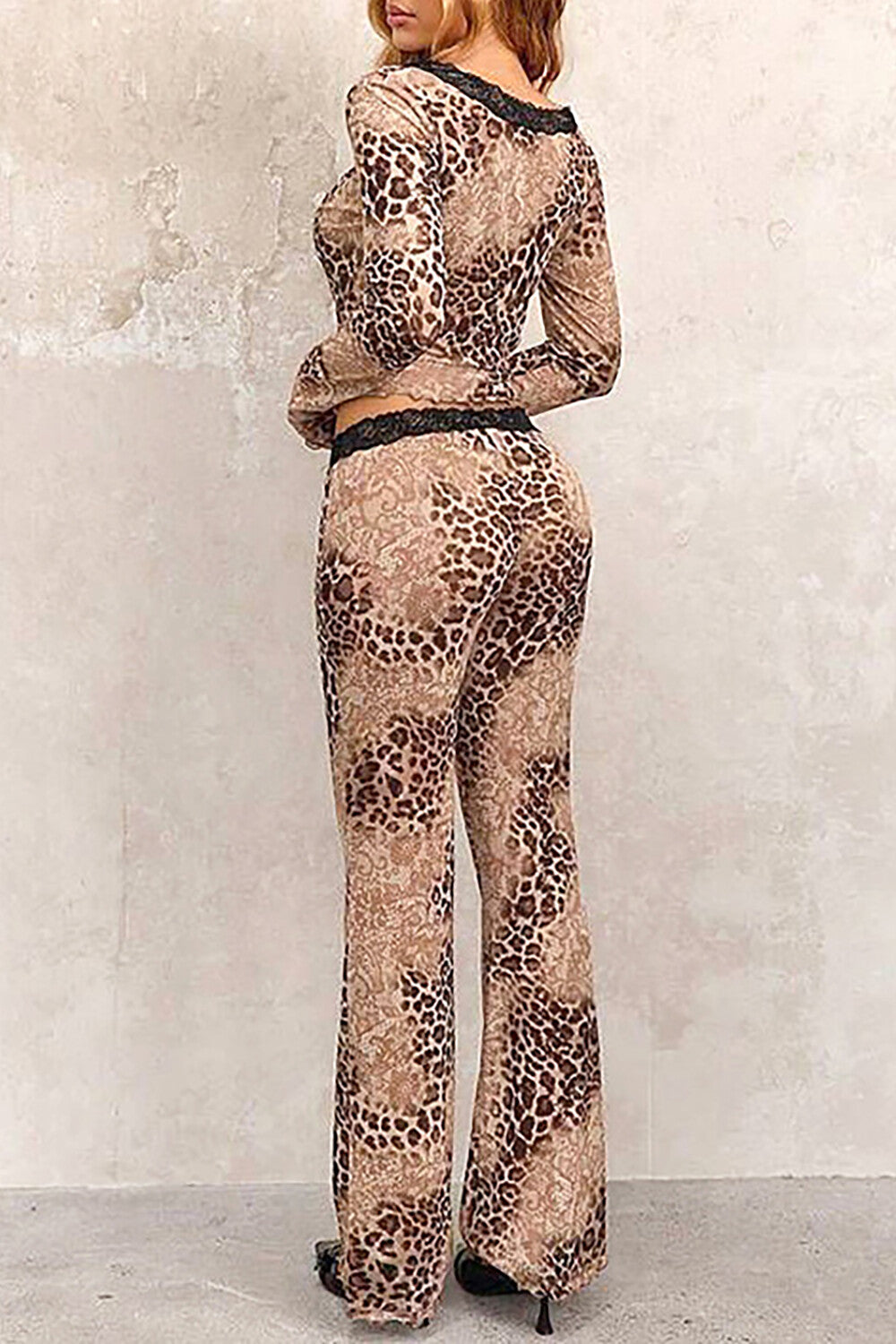 Lace Trim Leopard Print Long Sleeve Top Flared Pants Matching Set-Brown