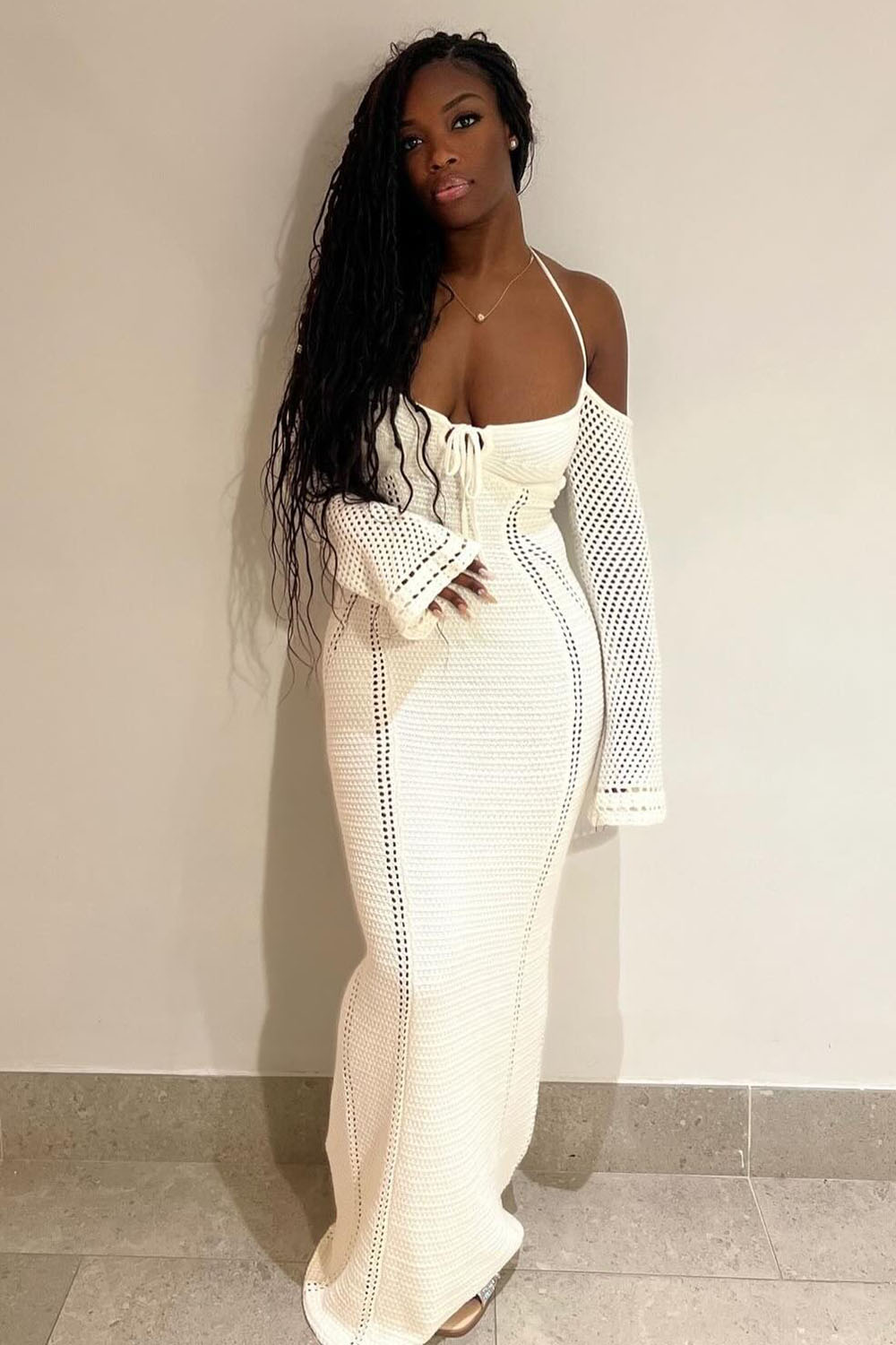 Halter Long Sleeve Hollow Out Knit Vacation Maxi Dresses-Beige [Pre Order]