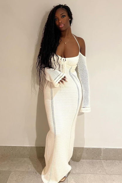 Halter Long Sleeve Hollow Out Knit Vacation Maxi Dresses-Beige [Pre Order]