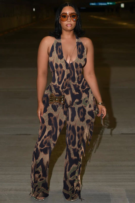 Deep U Neck Sleeveless Leopard Print Fringe Party Jumpsuit-Brown [Pre Order]