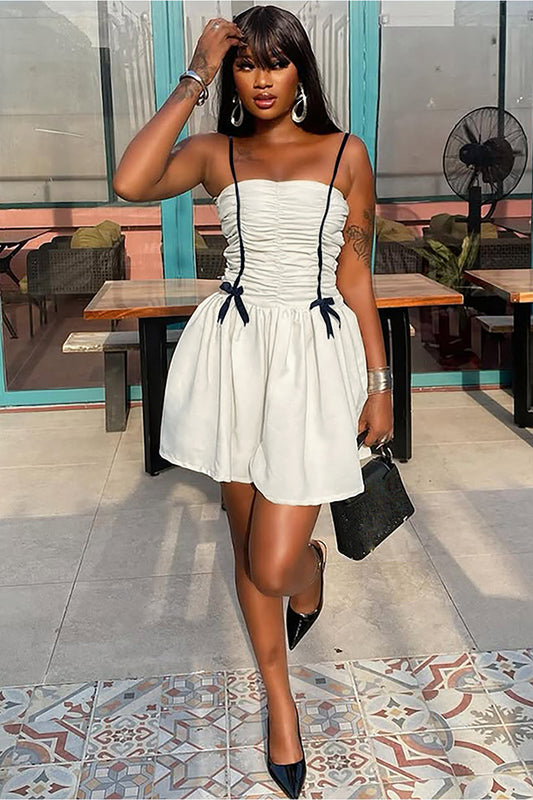 Ruched Cinch Waist Bow Decor Strappy Mini Dresses-OffWhite