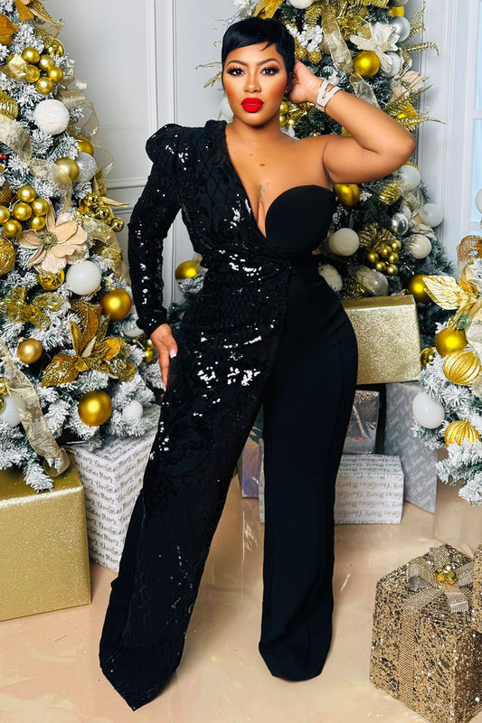 One Shoulder Single Sleeve Sequin Cinch Party Jumpsuit-Black [Pre Order]