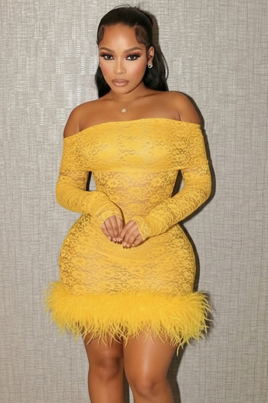 Off Shoulder Long Sleeve Lace Feather Party Mini Dresses-Yellow [Pre Order]