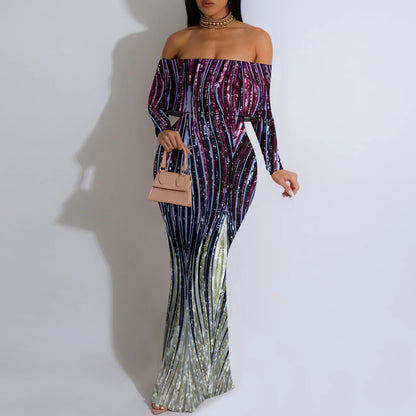 Women's Elegant off-Neck Evening Dress Printed Black Dress