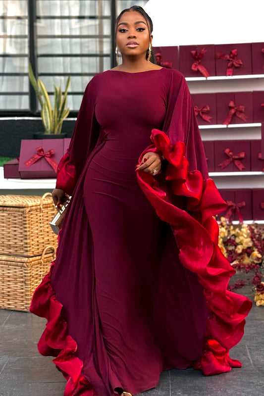 Bat-Wing Patchwork Ruffle Valentine's Party Maxi Dresses-Burgundy [Pre Order]