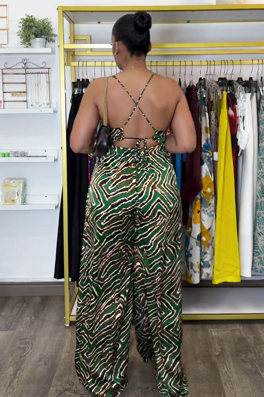 V Neck Back Cross Cami Print Vacation Wide Leg Jumpsuit-Green [Pre Order]