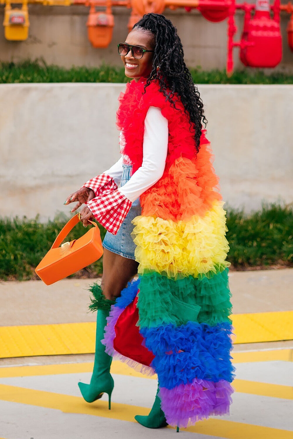 Rainbow-Colored Tulle Tiered Ruffled Sleeveless Long Vest Coat-Red [Pre Order]