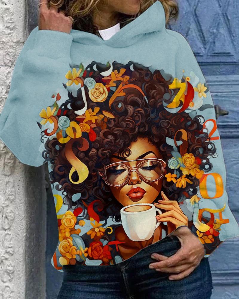 Women's Art Oil Painting Black Girls Long Sleeve Hoodie