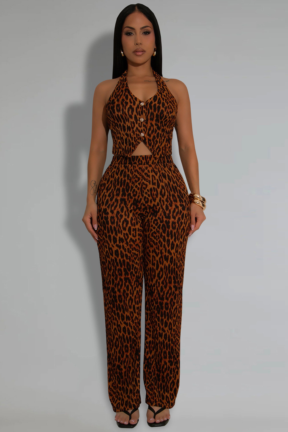 Leopard Print Halter Crop Vest High Waist Straight Leg Pants 2pcs Set-Blue