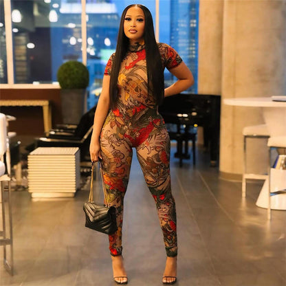 Women's Sexy Backless Fashion Printed Sheer Mesh Jumpsuit