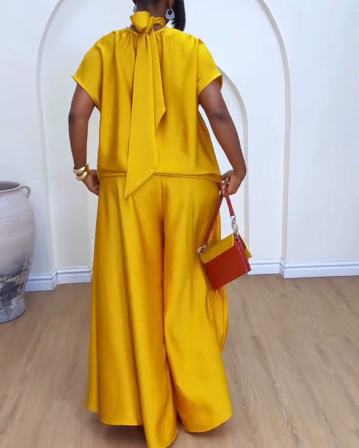 Temperament Commuter Style Satin Silky Strap Flying Sleeve Wide Leg Two-Piece Suit