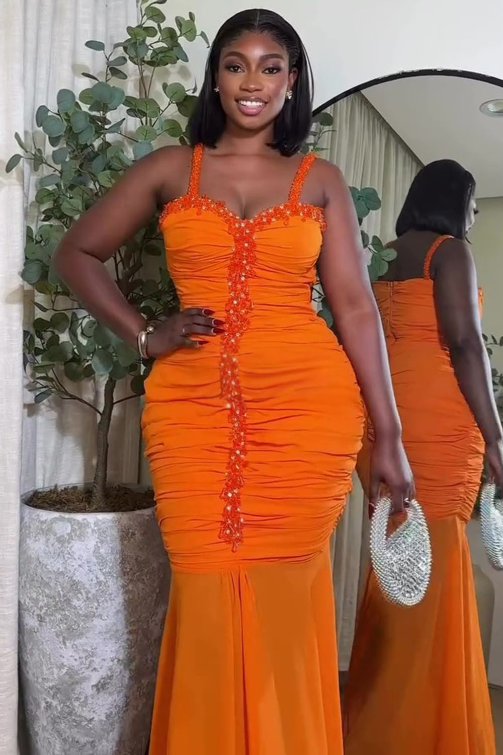 Sequin Decor Ruched Cami Party Maxi Fishtail Dresses-Orange [Pre Order]