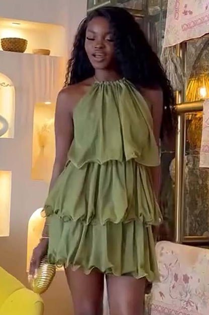 Layered Design Solid Color Halter Neck Mini Dresses-Green