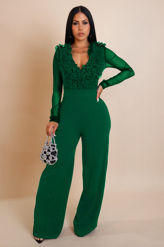 Plunge Neck Mesh Patchwork Long Sleeve Ruffled Wide Leg Jumpsuit-Green