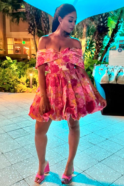 Off Shoulder Cinch Waist Floral Print Bubble Mini Dresses-Pink [Pre Order]