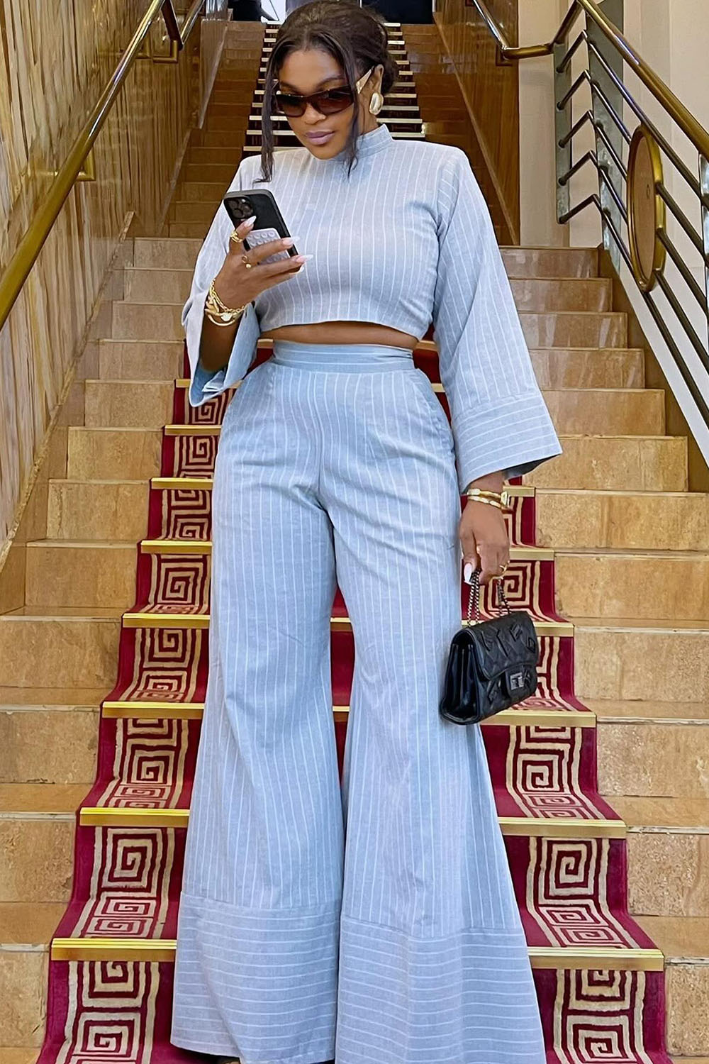 Pinstripe Mock Neck Long Sleeve Top Flare Leg Pants 2pcs Set-Blue [Pre Order]